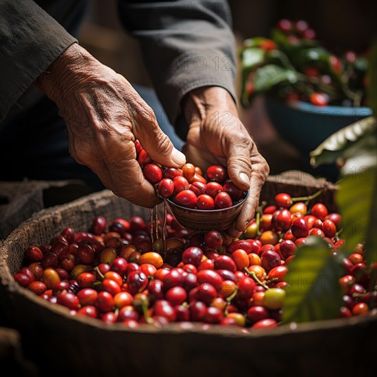 Coffee beans fresh and roasted Coffee beans on a plantation