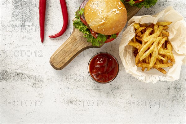 Top view hamburger with french fries