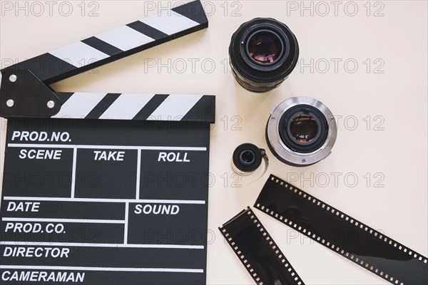 Clapperboard camera lenses film reels