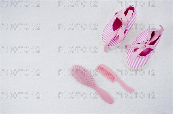 Top view baby shoes with white background