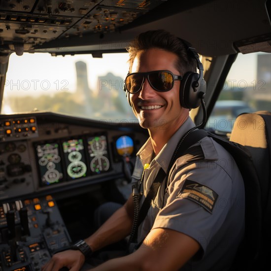 Proud pilots sit in the cockpit of their plane