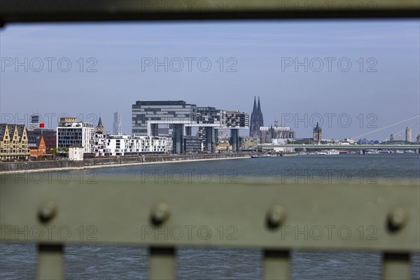 View of the city of Cologne and the Rhine through the railing of the South Bridge with Rheinauhafen