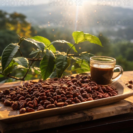 Coffee beans fresh and roasted Coffee beans on a plantation