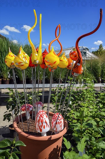 Art by glassblowers in a garden centre