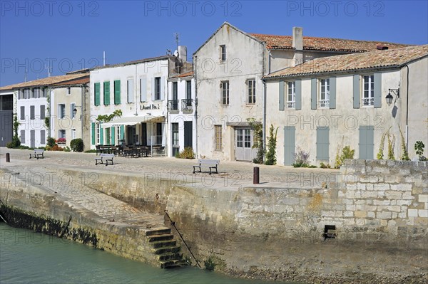 Houses and restaurants along the port at Saint-Martin-de-Re on the island Ile de Re