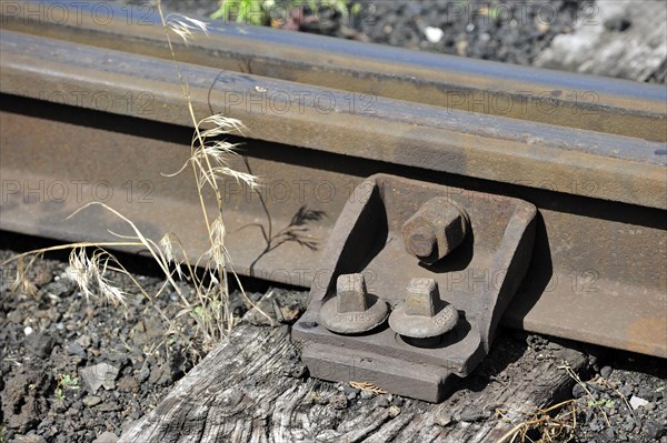 Railroad tracks on wooden sleepers at the depot of the Chemin de Fer a Vapeur des Trois Vallees at Mariembourg