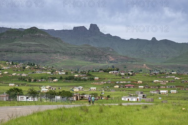 Drakensberg Mountain Range and rural settlement in the countryside of Mahai