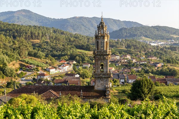 Tower of church Igrexa de Santo Andre surrounding countryside