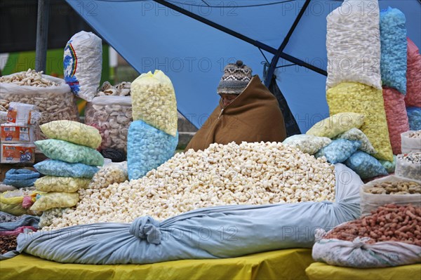 Bags with popcorn on sale at market in Copacabana