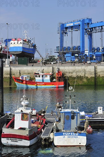 Trawler fishing boats on shipbuilding yard for maintenance works in the Guilvinec port