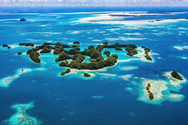 Bird's-eye view of Ngerukewid Ngerukeuid Islands 70 Seventy Islands in southern lagoon of Palau in the Pacific West Pacific