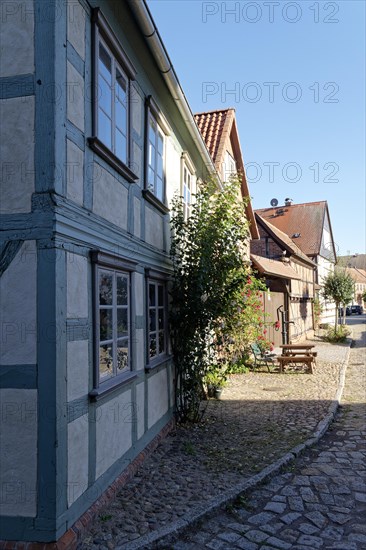 Half-timbered house in the cobbled Lange Strasse in the Hanseatic town of Werben in the Altmark region. Werben