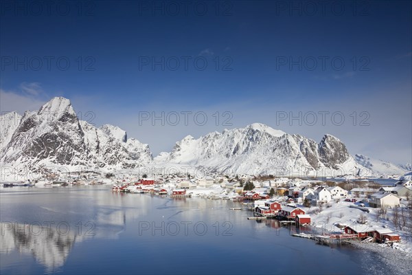 Robur cottages at fishing village Reine in the snow in winter