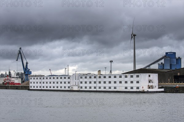 Arrival of pontoon De Reno in the Ghent port. Former floating prison from the Netherlands will now be used to accommodate up to 250 asylum seekers at the Rigakaai dock in the harbour of Ghent