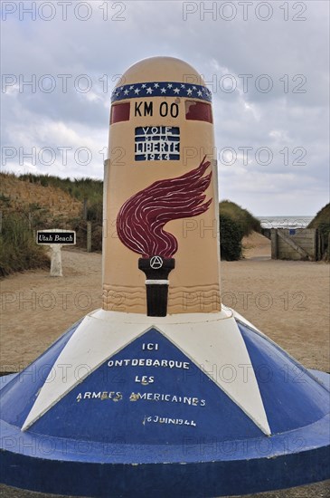 The WW2 milestone 00 marker near the Utah Beach Landing Museum