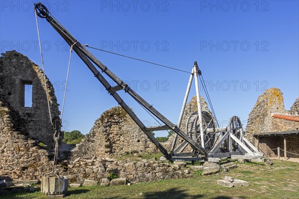 Medieval wooden human powered treadwheel crane at the Chateau de Tiffauges