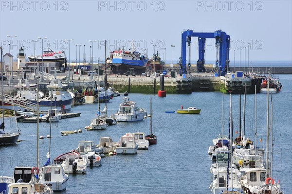 Trawler fishing boats on shipbuilding yard for maintenance works in the Guilvinec port