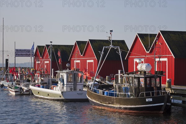 Fishing boats moored in front of red wooden huts in the harbour of Boltenhagen along the Baltic Sea