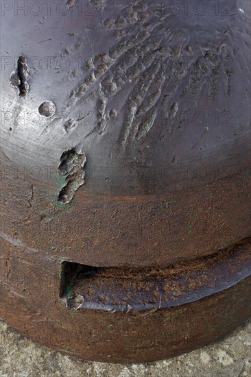 Armoured observation turret of the First World War One Fort de Douaumont showing impact of bullets and