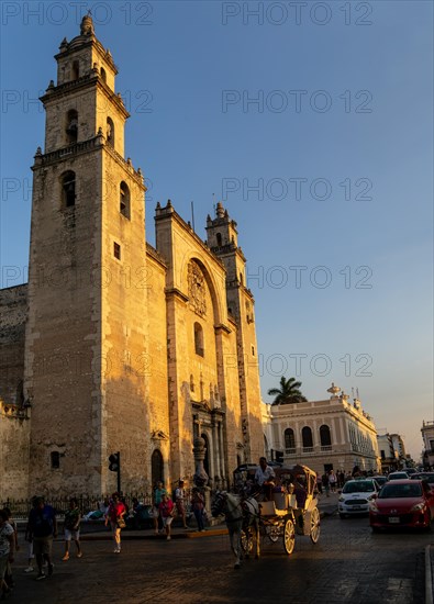 Horse and carriage ride passing the cathedral church in late afternoon sunshine