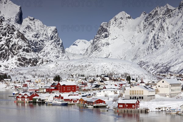 Robur cottages at fishing village Reine in the snow in winter