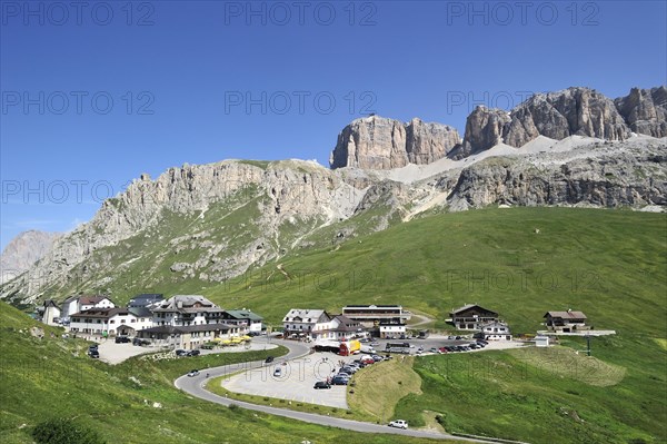 Hotels and restaurants at the mountain pass Passo Pordoi