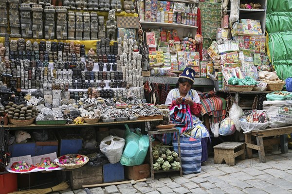 Market stall with souvenirs on display at the witch's market in La Paz