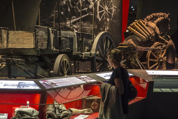 Old wooden cart and First World War One weapons and findings at the In Flanders Fields Museum