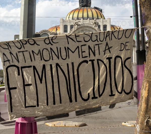 Protest banner against abuse and domestic violence against women femicide in city centre Mexico City