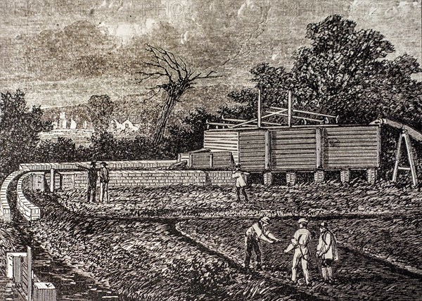 19th century engraving showing tank at the sewage farm near Barking