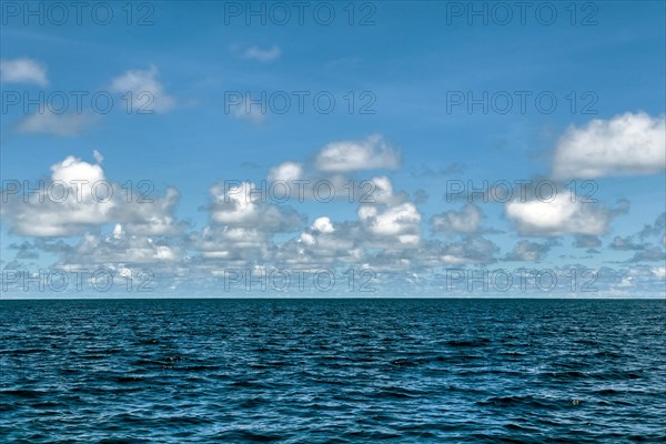 Photo with slightly reduced saturation changed hue of clouds Altocumulus reflected in front of blue sky on horizon over Pacific Still ocean with no waves with in mirror smooth sea surface water surface mirror smooth sea