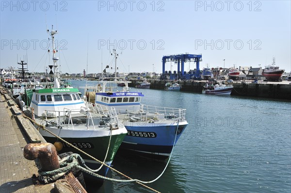 Trawler fishing boats on shipbuilding yard for maintenance works in the Guilvinec port