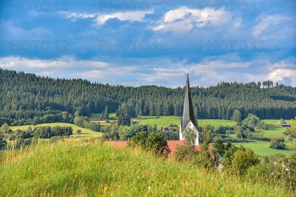 Church tower of the Catholic parish church Stankt Pelagius in the municipality of Weitnau in Oberallgaeu