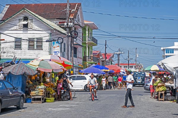 Food market stalls in street of the old city centre of Georgetown