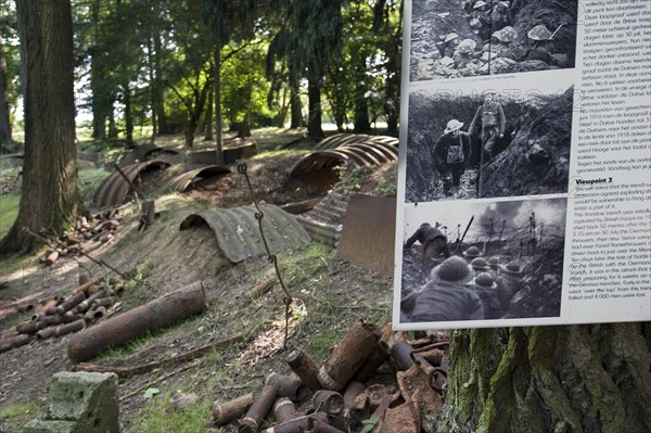 Piles of rusty shells and remains of First World War One trench at the Hooge Crater