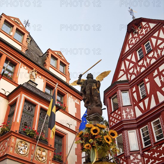 St. Michael's Fountain with town hall and gabled half-timbered house