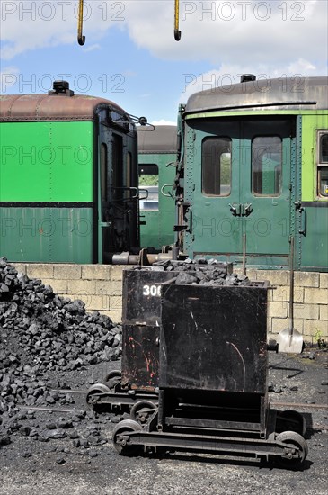 Heap of coal as fuel for steam train at the depot of the Chemin de Fer a Vapeur des Trois Vallees at Mariembourg