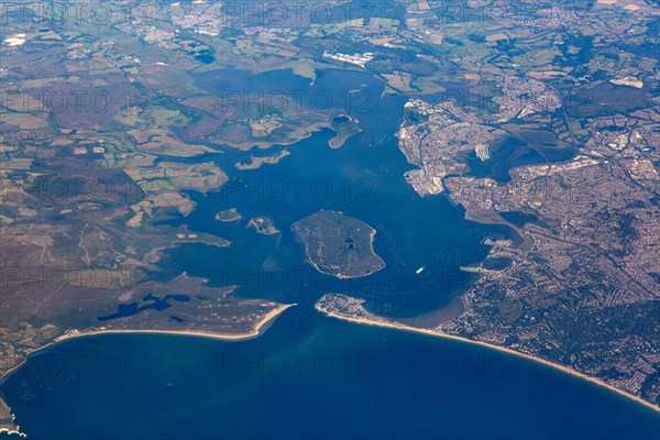 Oblique aerial view through plane window of Brownsea Island