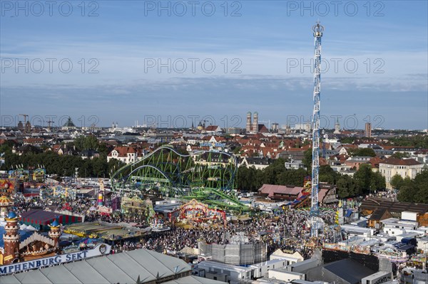 Oktoberfest View from the Giant Ferris Wheel onto the Festival Grounds and the City of Munich Bavaria