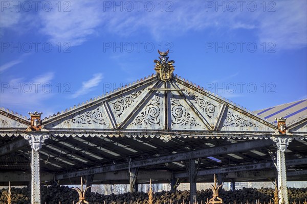 Decorated ironwork of historic hangars of the Scheldekaaien