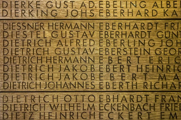 Names of fallen German soldiers at the First World War One military cemetery Deutscher Soldatenfriedhof Langemark