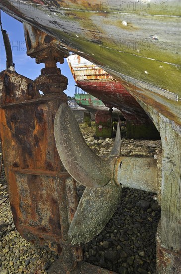 Rusty screw propeller and rudder from wooden wreck of trawler fishing boat in the harbour of Camaret-sur-Mer
