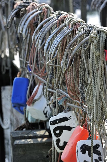 Row of anchors hanging from jetty in the harbour of Yerseke along the Oosterschelde