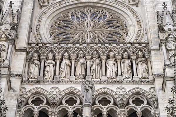 Statues of the Kings and rose window on the west facade of Notre Dame d'Amiens Cathedral