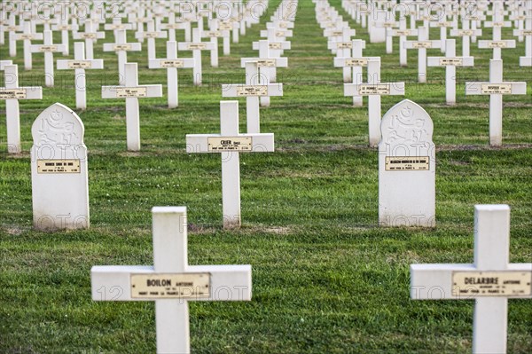 Muslim steles among French graves on the First World War One cemetery Cimetiere National Francais de Saint-Charles de Potyze near Ypres