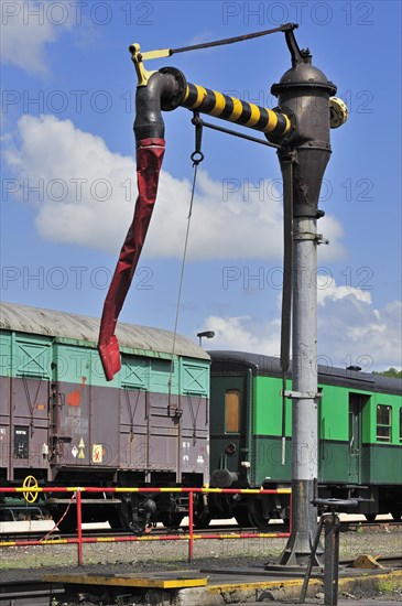 Water crane to fill boiler of steam train at the depot of the Chemin de Fer a Vapeur des Trois Vallees at Mariembourg