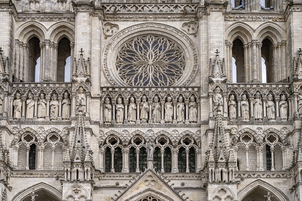 Statues of the Kings and rose window on the west facade of Notre Dame d'Amiens Cathedral