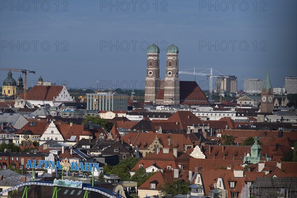 Oktoberfest View from the Giant Ferris Wheel to the Festival Grounds and the City with the Church of Our Lady Munich Bavaria