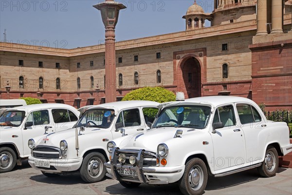 Traditional old fashioned white Indian cars at Rashtrapati Bhavan