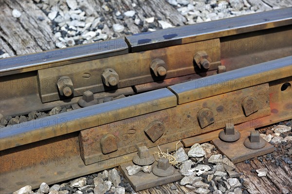 Jointed railroad tracks on wooden sleepers at the depot of the Chemin de Fer a Vapeur des Trois Vallees at Mariembourg